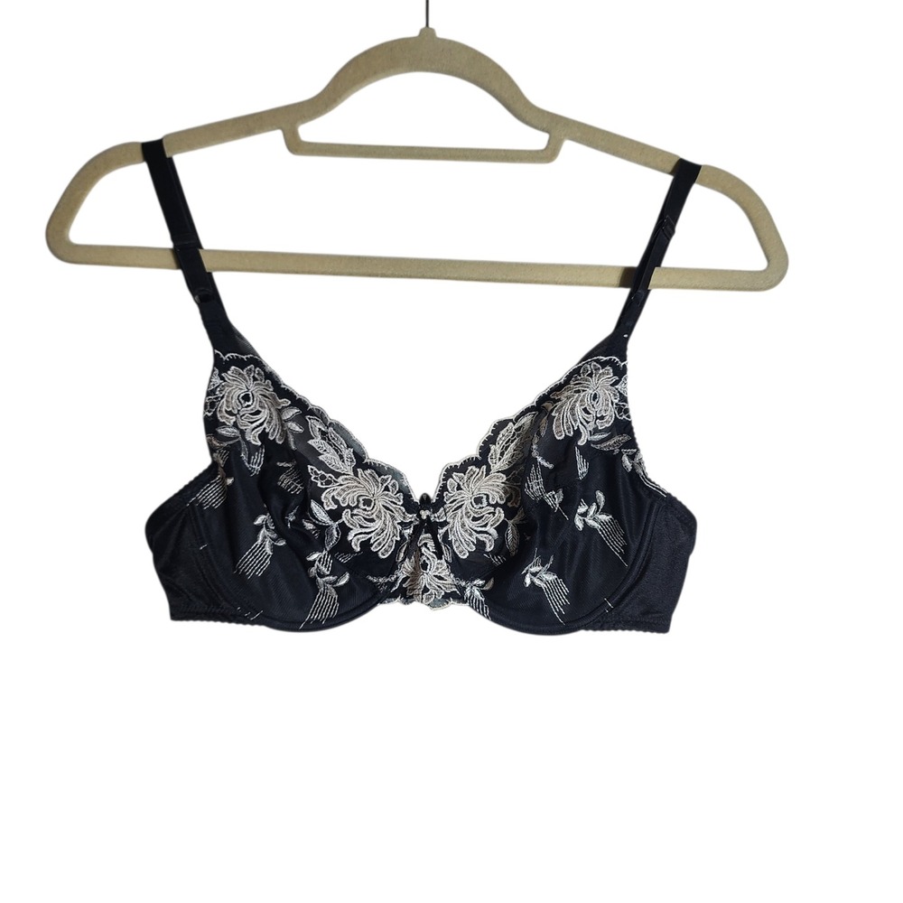 Wacoal Embrace Lace Underwire Bra 34C Black Ivory Floral Embroidery 85775